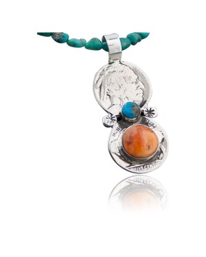Double Coin Real OLD Buffalo Coin Certified Authentic Navajo 92 Natural Spiny Oyster and Turquoise Native American Necklace 390593289492