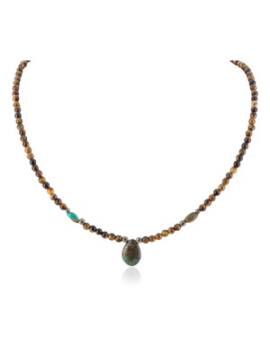 Drop Certified Authentic Navajo .925 Sterling Silver Natural Turquoise Tigers Eye Native American Necklace 25231-240