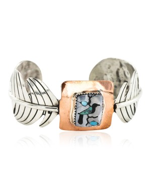 Feather Bird Certified Authentic Navajo Nickel Copper Inlaid Natural Turquoise Black Onyx Mother of Pearl Native American Bracelet 12837-3