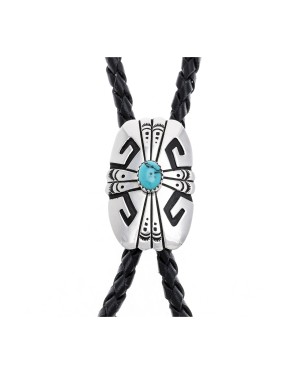 Feather Sun .923 Sterling Silver Certified Authentic Handmade Navajo Native American Natural Turquoise Bolo Tie 24535