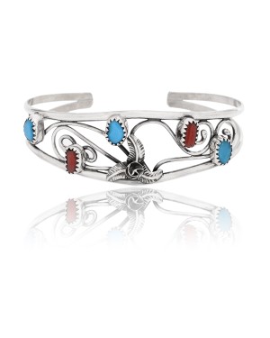 Flower .925 Sterling Silver Certified Authentic Handmade Delicate Navajo Native American Natural Turquoise and Coral Cuff Bracelet  12947-3