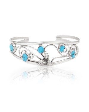 Flower .925 Sterling Silver Certified Authentic Handmade Navajo Native American Natural Arizona Sleeping Beauty Turquoise Cuff Bracelet 12947-2