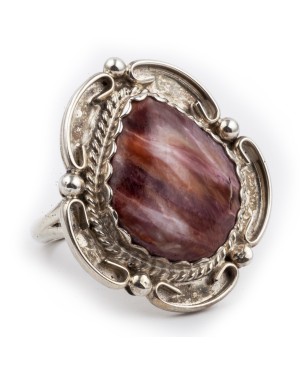 Flower .925 Sterling Silver Certified Authentic Handmade Navajo Native American Natural Purple Spiny Oyster Ring 17022-100