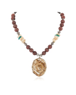 Flower .925 Sterling Silver Certified Authentic Navajo Natural Turquoise Jasper Graduated Melon Shell Native American Necklace 750208-6