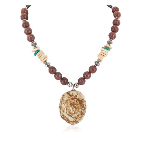 Flower .925 Sterling Silver Certified Authentic Navajo Natural Turquoise Jasper Graduated Melon Shell Native American Necklace 750208-6