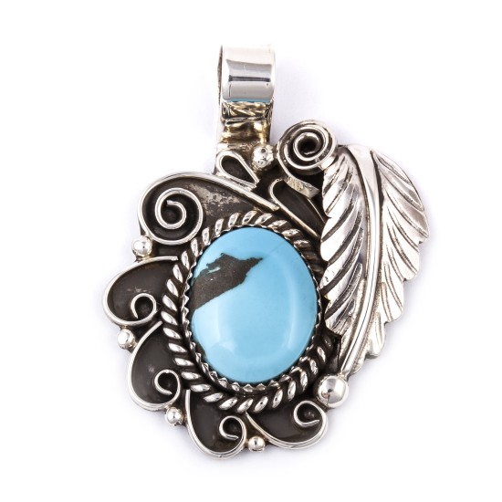 Flower and Leaf .925 Sterling Silver Certified Authentic Handmade Navajo Native American Natural Turquoise Pendant  1503