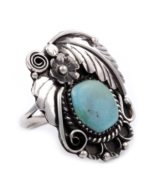 Flower and Leaf .925 Sterling Silver Certified Authentic Handmade Navajo Native American Natural Turquoise Ring  13224