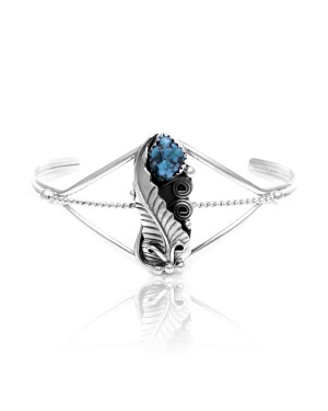 Flower and Leaf Natural Turquoise .925 Sterling Silver Certified Authentic Navajo Native American Handmade Cuff Bracelet 13087
