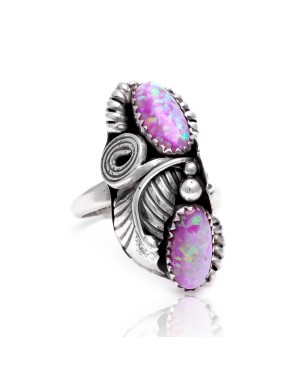 Flower and Leaf Lab Opal Silver Certified Authentic Navajo Native American Handmade Adjustable Ring 13188-8