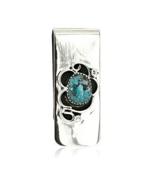 Flower Handmade Certified Authentic Navajo Nickel and .925 Sterling Silver Natural Turquoise Native American Money Clip 11238-3