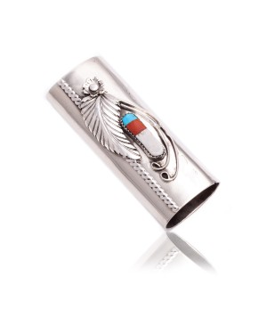 Flower Nickel .925 Sterling Silver Certified Authentic Handmade Navajo Native American Inlaid Natural Turquoise Mother of Pearl Black Onyx Coral Lighter Case 18122