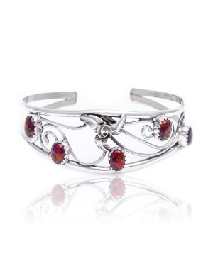 Flower Opal .925 Sterling Silver Certified Authentic Navajo Native American Handmade Cuff Bracelet 13109-1