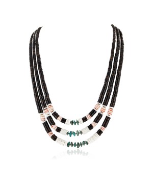 Hand made Certified Authentic 3 Strand Navajo .925 Sterling Silver Graduated Heishi and Turquoise Native American Necklace 25213