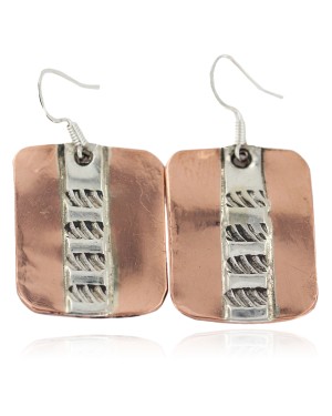 Handmade .925 Sterling Silver Certified Authentic Navajo Native American Pure Copper Dangle Earrings 18249-1