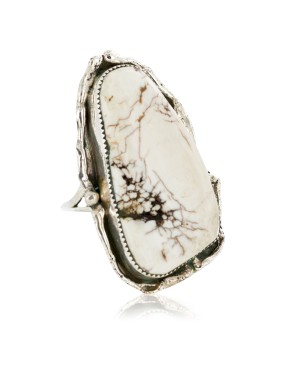 Handmade .925 Sterling Silver Certified Authentic Navajo Natural White Buffalo Native American Ring  17023-1