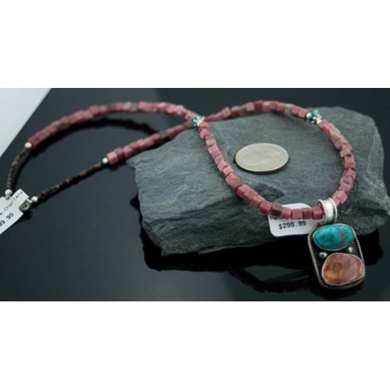 Handmade Certified Authentic Navajo .925 Sterling Silver Natural Turquoise and Spiny Oyster Native American Necklace 370808784600