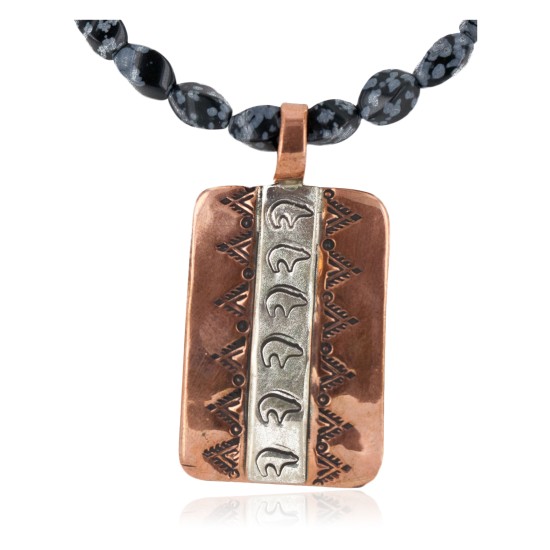 Handmade Bear Certified Authentic Navajo Pure .925 Sterling Silver Copper Natural Snowflake Stone Native American Necklace 16973-16037-6