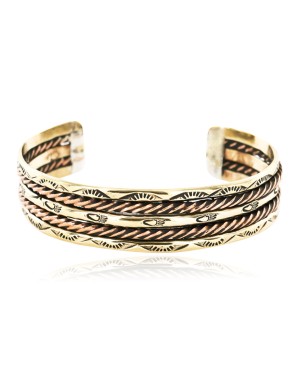 Handmade Bear paw Sun Certified Authentic Navajo Pure Copper and Brass Native American Bracelet 12845-1
