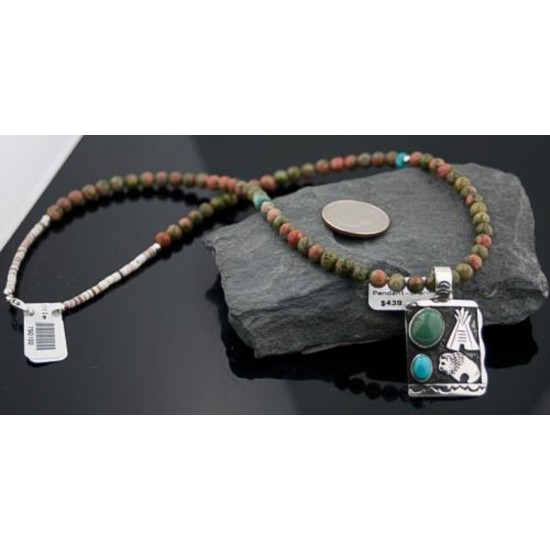 Handmade Buffalo and Teepee Turquoise .925 Sterling Silver Certified Authentic Navajo Native American Necklace 390590582544