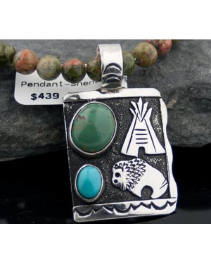 Handmade Buffalo and Teepee Turquoise .925 Sterling Silver Certified Authentic Navajo Native American Necklace 390590582544