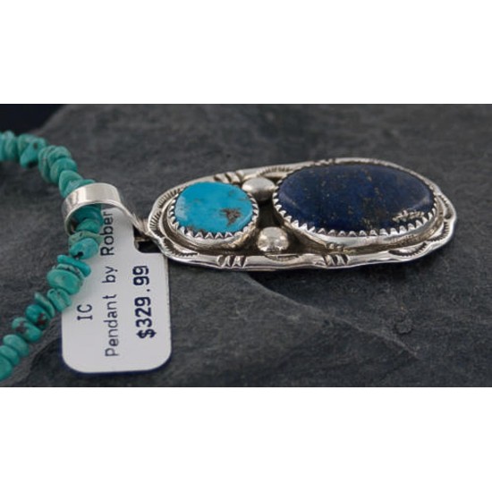 Handmade Certified Authentic .925 Sterling Silver Natural Lapis and Turquoise Native American Necklace & Pendant 370887848934