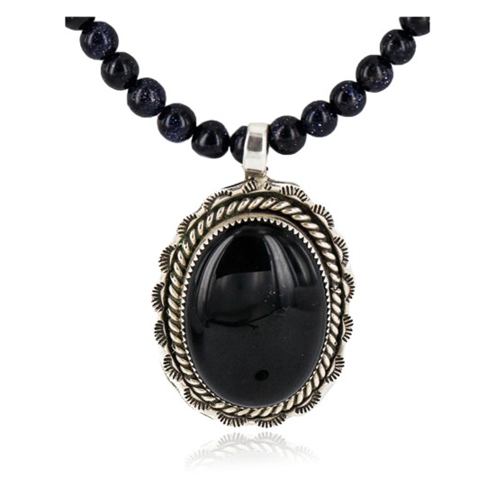 Handmade Certified Authentic .925 Sterling Silver Navajo Natural Turquoise Black Onyx Purple Goldstone Native American Necklace 1501-25333