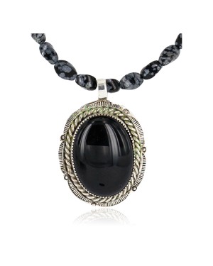 Handmade Certified Authentic .925 Sterling Silver Navajo Natural Turquoise Black Onyx Snowflakes Obsidian Native American Necklace 12927-15814