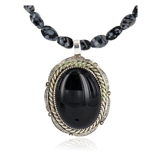 Handmade Certified Authentic .925 Sterling Silver Navajo Natural Turquoise Black Onyx Snowflakes Obsidian Native American Necklace 12927-15814