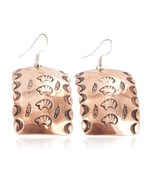 Handmade Certified Authentic Bear Feather Navajo Handstamped Pure Copper Dangle Native American Earrings 18088
