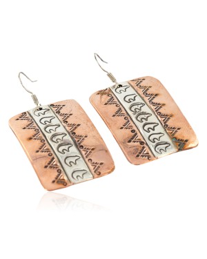 Handmade Certified Authentic Bear Navajo Handstamped Pure .925 Sterling Silver Copper Dangle Native American Earrings 27171-2