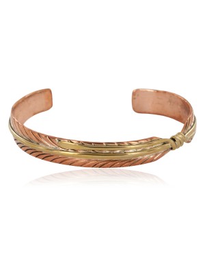 Handmade Certified Authentic Copper and Brass Navajo Feather Native American Bracelet 12824-9