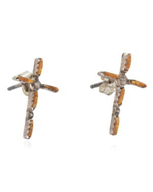 Handmade Certified Authentic Cross Zuni .925 Sterling Silver Natural Spiny Oyster Native American Stud Earrings 27220