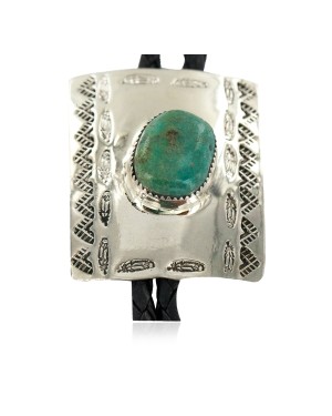 Handmade Certified Authentic Feather Mountain Navajo Leather Nickel Natural Turquoise Native American Bolo Tie 24488-1