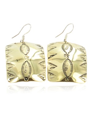 Handmade Certified Authentic Feather Navajo Handstamped Pure Brass Dangle Native American Earrings 18088-1