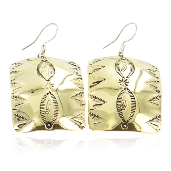 Handmade Certified Authentic Feather Navajo Handstamped Pure Brass Dangle Native American Earrings 18088-1