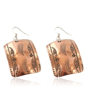 Handmade Certified Authentic Feather Navajo Handstamped Pure Copper Dangle Native American Earrings 18088-1-0