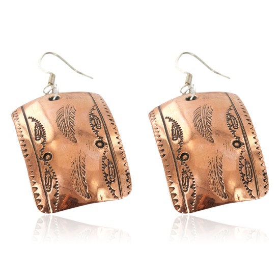 Handmade Certified Authentic Feather Navajo Handstamped Pure Copper Dangle Native American Earrings 18088-1-0