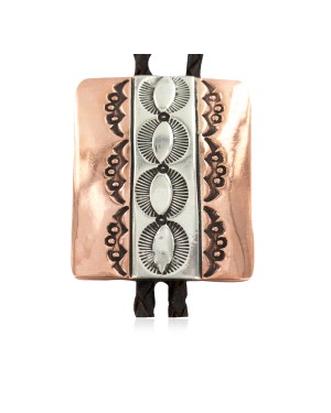 Handmade Certified Authentic Leather Navajo Pure Copper and Nickel Native American Bolo Tie 24489-4