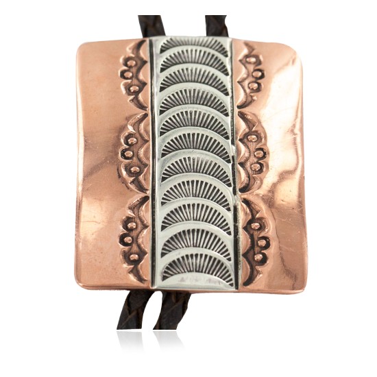 Handmade Certified Authentic Leather Navajo Pure Copper and Nickel Native American Bolo Tie 24489-8