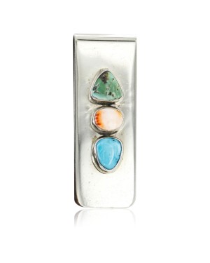 Handmade Certified Authentic Navajo .925 Sterling Silver and Nickel Turquoise Spiny Oyster Native American Money Clip 11244-7