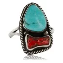 Handmade Navajo .925 Sterling Silver Turquoise and Coral Ring 370985401812