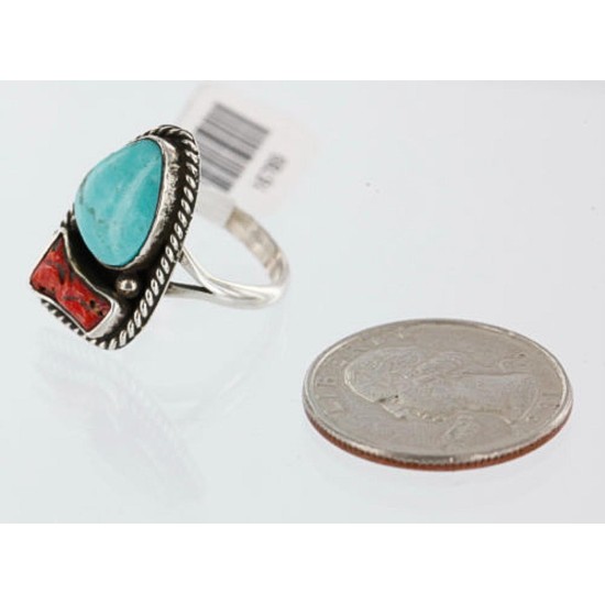 Handmade Certified Authentic Navajo .925 Sterling Silver Beauty Turquoise and Coral Native American Ring  370985401812