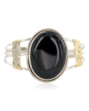 Handmade Certified Authentic Navajo .925 Sterling Silver Brass Natural Black Onyx Native American Bracelet 12863