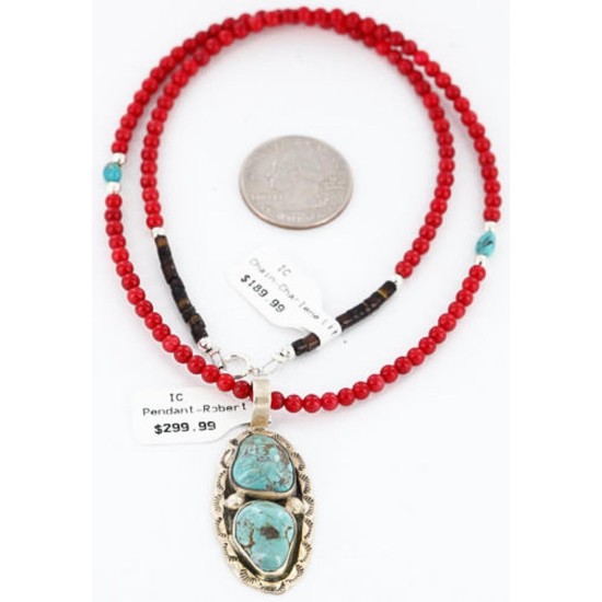 Handmade Certified Authentic Navajo .925 Sterling Silver Coral and Turquoise Native American Necklace & Pendant 390794825224