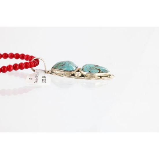 Handmade Certified Authentic Navajo .925 Sterling Silver Coral and Turquoise Native American Necklace & Pendant 390794825224