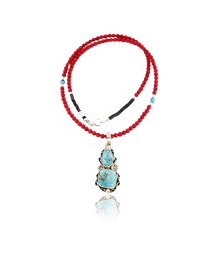 Handmade Certified Authentic Navajo .925 Sterling Silver Coral and Turquoise Native American Necklace & Pendant 390795579828