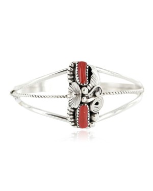 Handmade Certified Authentic Navajo .925 Sterling Silver Coral Native American Bracelet 13022