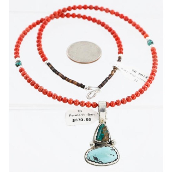 HANDMADE Certified Authentic Navajo .925 sterling Silver Cripple Turquoise with Coral Native American Necklace 371105033980