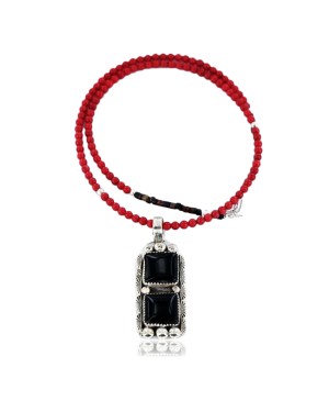 Handmade Certified Authentic Navajo .925 Sterling Silver DOUBLE BLACK ONYX and CORAL Native American Necklace & Pendant 390794259786
