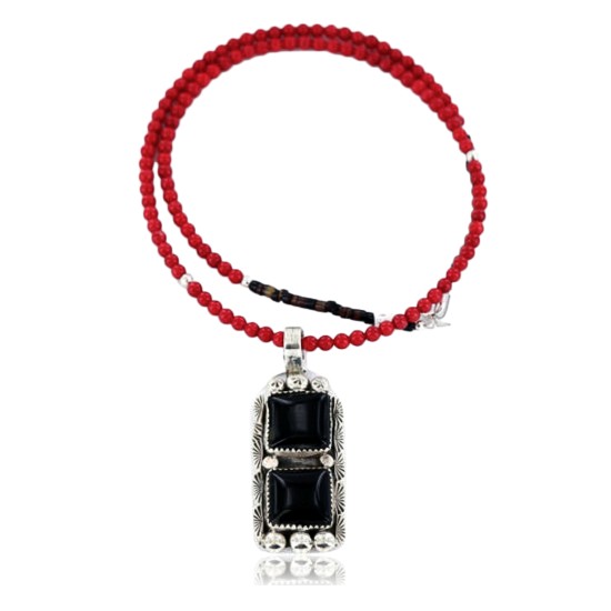 Handmade Certified Authentic Navajo .925 Sterling Silver DOUBLE BLACK ONYX and CORAL Native American Necklace & Pendant 390794259786